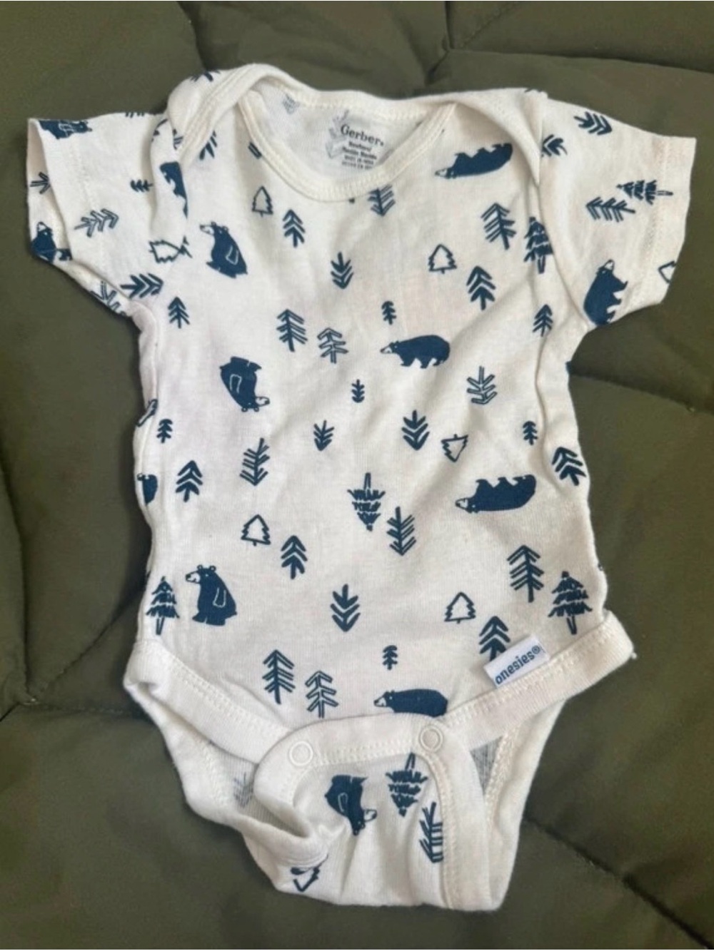 Gerber White One-Piece with Navy Bear & Tree Print